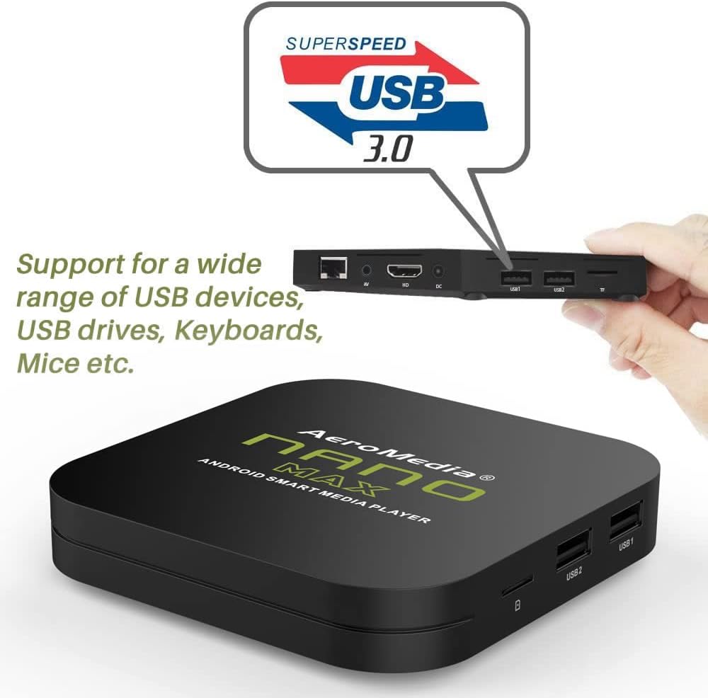 Aeromedia NANO MAX Android TV Box 4GB RAM 64GB ROM Android 12.0 OS Quad Core 802.11AC 2.4Ghz/5Ghz Dual-Band WIFI, Bluetooth 5.0, USB Ports