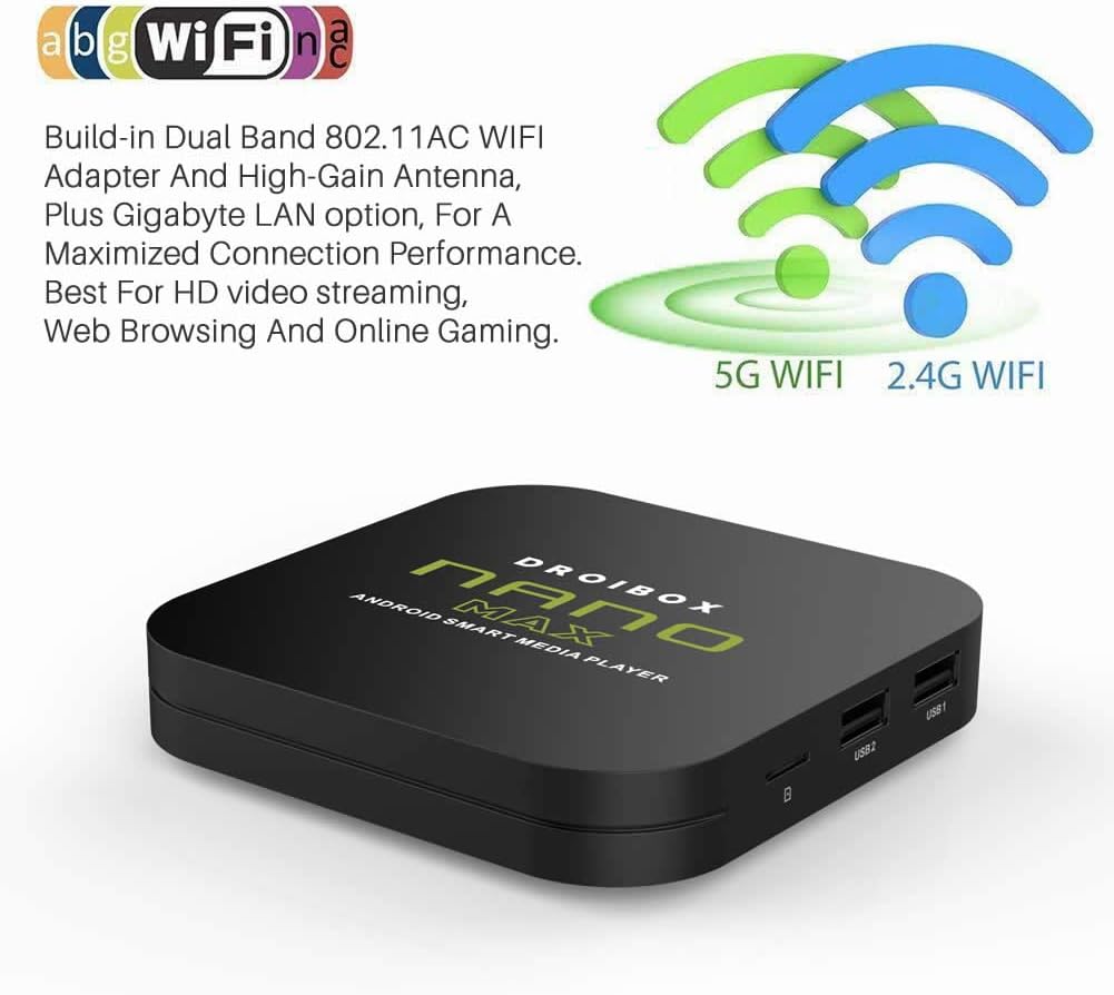 Aeromedia NANO MAX Android TV Box 4GB RAM 64GB ROM Android 12.0 OS Quad Core 802.11AC 2.4Ghz/5Ghz Dual-Band WIFI, Bluetooth 5.0, USB Ports