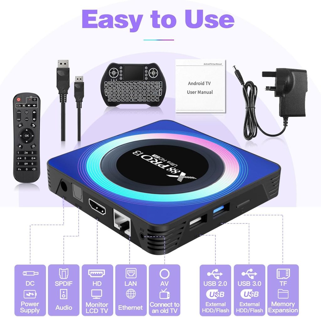 BL Android TV Box 13.0, X88 PRO 13 Android TV Box 4K/6K/8K 4GB RAM 64GB ROM, Android Box WiFi 6 with RK3528 CPU 3D 2.4G/5G WiFi Bluetooth 5.0 USB 3.0 Android TV Boxes with Mini Wireless Keyboard 2024