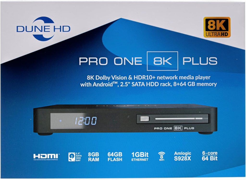 Dune HD Pro One 8K Plus | 8K UHD | Media Player | Android Smart TV Box | S928X | HD-Audio, HDMI, BT, WiFi6, 1Gbit, USB 3.0, 8GB / 64GB, HDD rack, 8Kp60