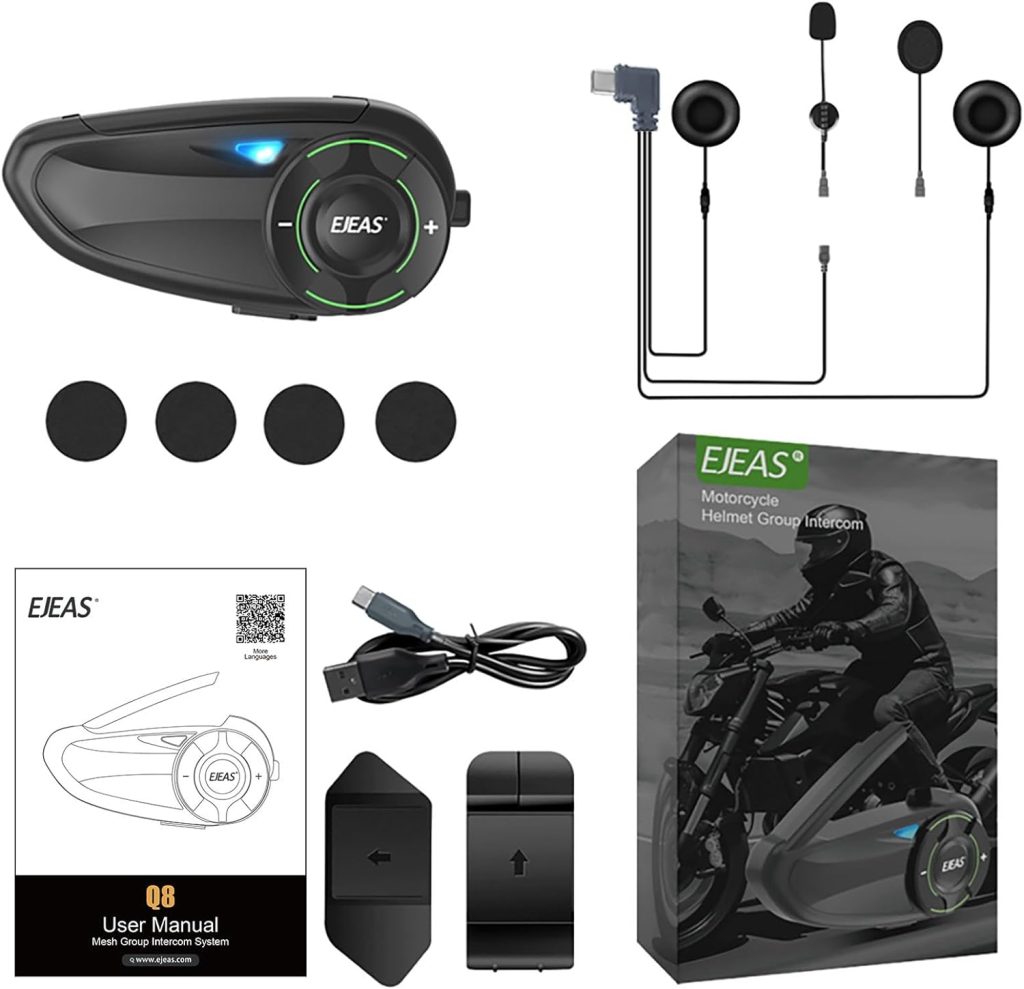 EJEAS Q8 Mesh 3.0 Group Intercom Communication System, Motorcycle Helmet Bluetooth 5.1 Headset with CVC Noise Reduction and Music Sharing for 6 People Full Duplex Talking at The Same Time(2 Pack)