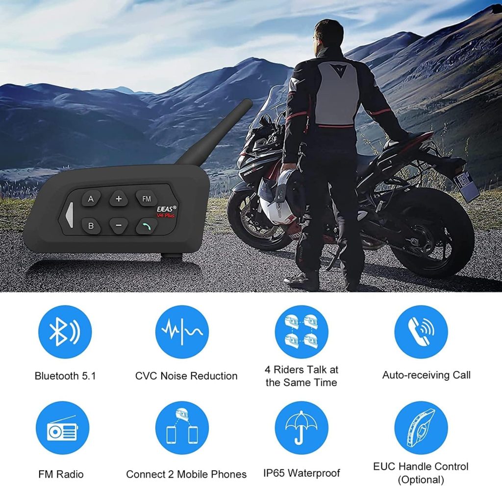 EJEAS V4Plus Motorcycle Bluetooth Intercom, 1500m Waterproof Motorcycle Helmet Bluetooth Headset 4 People Talk Simultaneously (V4P-1)