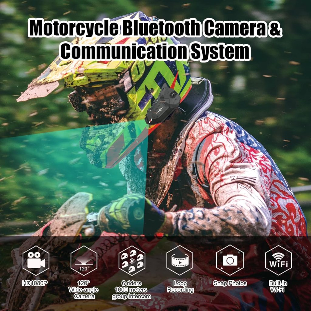 FreedConn Helmet Bluetooth Headset R1plus Motorcycle Helmet Camera - Motorcycle Bluetooth Headset 1080P 6 Riders 1000M Motorcycle Helmet Bluetooth Communication Systems with BoomSoft Microphone