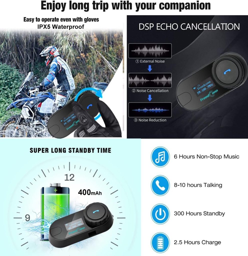 FreedConn Motorcycle Helmet Bluetooth Intercom Kit, TCOM-SC Motorbike Helmet Intercom Interphone Headset, for 2 or 3 Riders, LCD Screen/FM Radio/Mobile phone/MP3/GPS Connective/Range 800m(1 Pack)