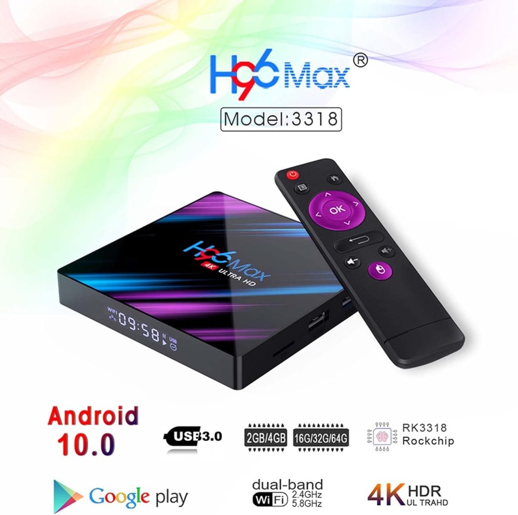 JIEMEIMEI H96 Max TV Box Android 9.0 4GB Ram 64GB ROM Rk3318 Quad Core Bluetooth 4.2 WiFi 2.4G And 5g Ethernet 1usb 3.0 And 1usb 2.0 Set Top Box Supports 4K Ultra HD(Color:2GB+16GB)