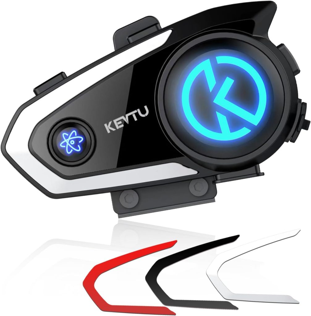 KEVTU K10 Motorcycle Bluetooth Headset, Motorcycle Intercom Support 8 Riders 4000m Network Intercom, Helmet Bluetooth Headset with Silver/Black/Red Cover Plates/Voice Assistant/IP67 Waterproof