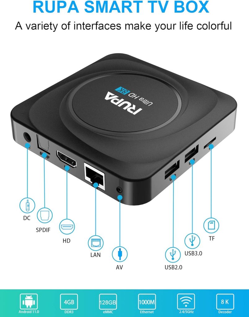 RUPA Android TV Box, Smart TV Box Android 11.0 8GB RAM 128GB ROM RK3566 Quad Core Cortex-A53 CPU Support 2.4G/5G WiFi BT 4.0 USB 3.0 1000M Ethernet 3D 8K 6K 4K HD Media Box