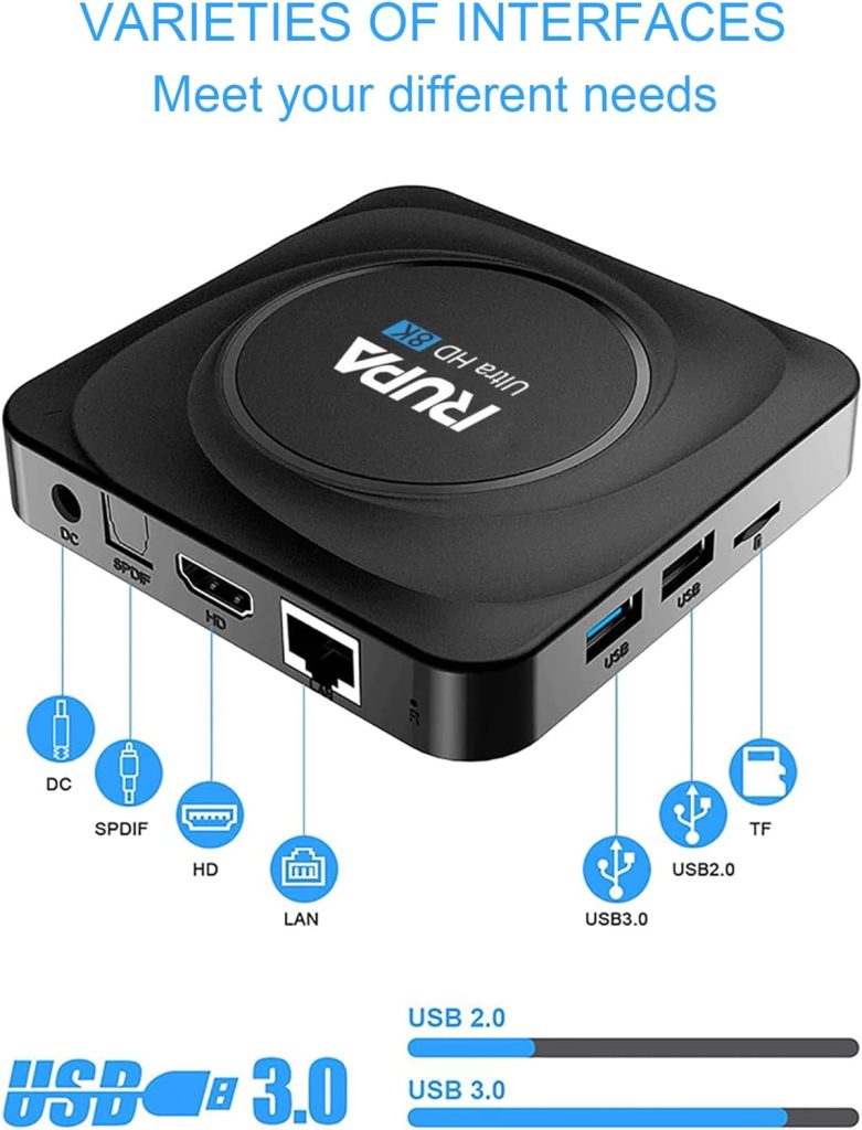 RUPA Android TV Box, Smart TV Box Android 11.0 8GB RAM 128GB ROM RK3566 Quad Core Cortex-A53 CPU Support 2.4G/5G WiFi BT 4.0 USB 3.0 1000M Ethernet 3D 8K 6K 4K HD Media Box