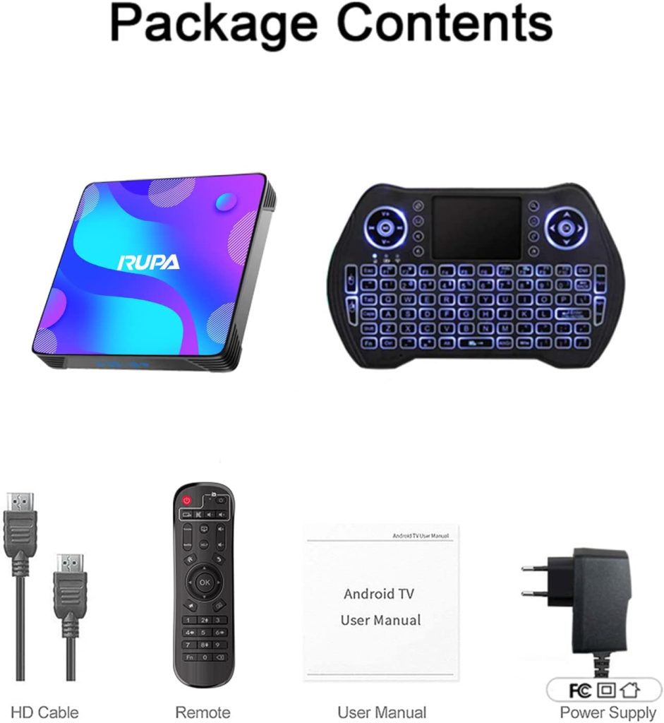 RUPA Android TV Box11.0, Smart TV Box 4GB RAM 64GB ROM RK3318 Quad-Core Cortex-A53 CPU Support 2.4G/5.8G WiFi BT 4.0 USB 3.0 10/100M LAN 3D 4K HD Media Box with Keyboard