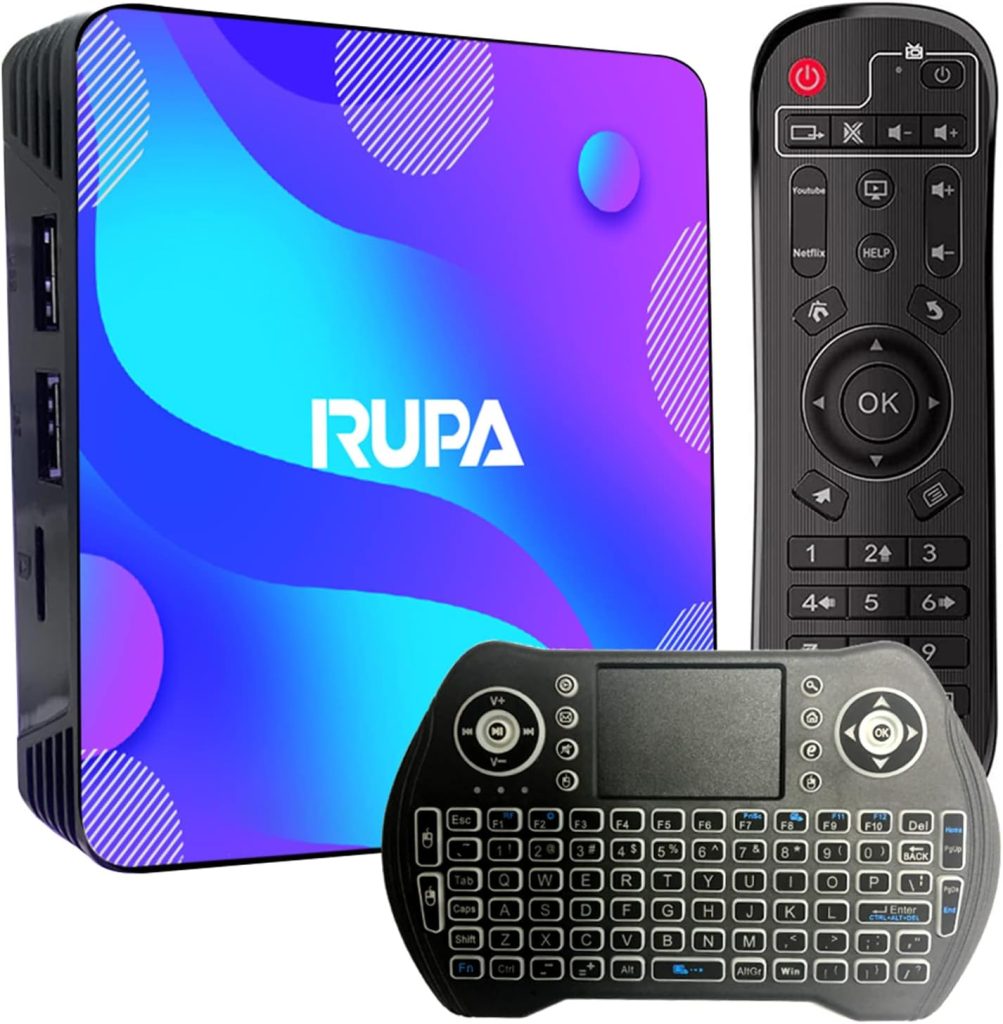 RUPA Android TV Box11.0, Smart TV Box 4GB RAM 64GB ROM RK3318 Quad-Core Cortex-A53 CPU Support 2.4G/5.8G WiFi BT 4.0 USB 3.0 10/100M LAN 3D 4K HD Media Box with Keyboard