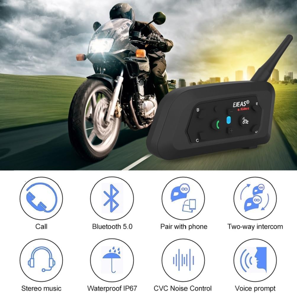 V6 Motorcycle Helmet Intercom Wireless Bluetooth Motorcycle Intercom Headset, 1200m 6 Riders, for Climb Ski Long Journey Outdoor Sports (2 Pack)