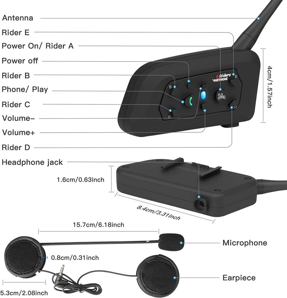 V6 Motorcycle Helmet Intercom Wireless Bluetooth Motorcycle Intercom Headset, 1200m 6 Riders, for Climb Ski Long Journey Outdoor Sports (2 Pack)