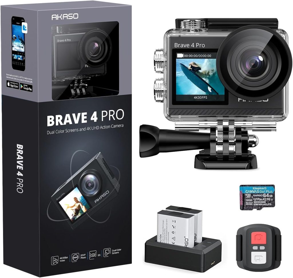 AKASO Brave 4 Pro Action Camera with 64GB microSDXC Memory Card - 131ft Waterproof Camera with Touch Screen Advanced EIS Remote Control 5X Zoom Underwater Camera