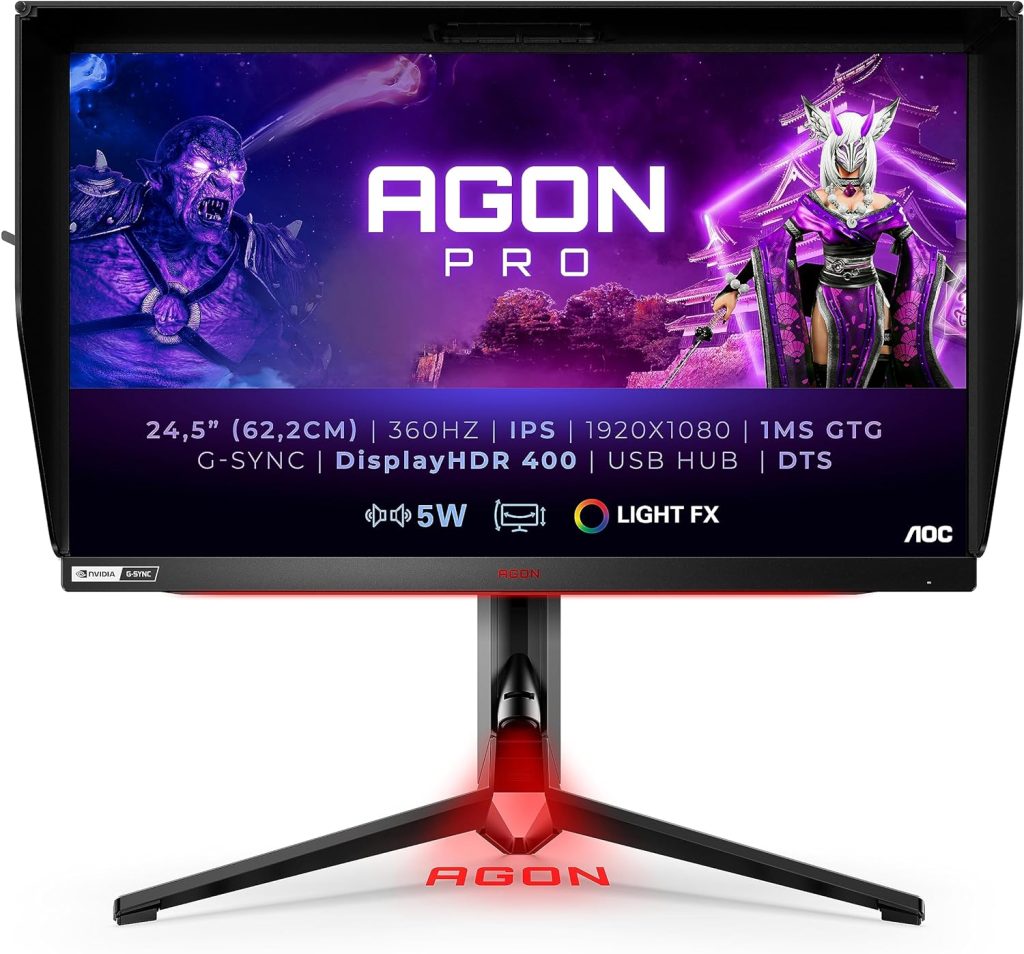 AOC AGON AG254FG - 24.5 Inch FHD Gaming Monitor, 360Hz, 1ms GTG, IPS, G-Sync Nvidia Reflex, HDR 400, Height Adjust, USB Hub (1920x1080@ 340Hz, 400 cd/m², HDMI 2.0 /DP 1.4 /USB 3.2)