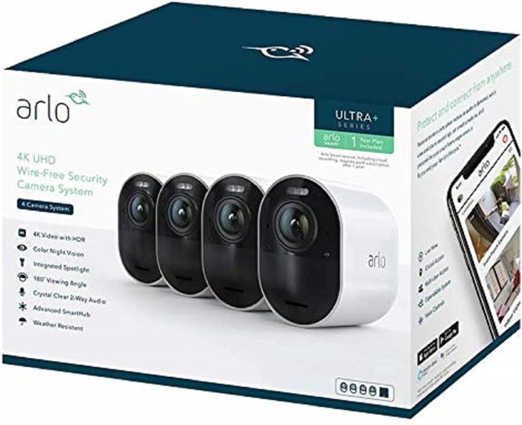 Arlo Ultra Wireless Outdoor Home Security Camera System CCTV, 6-month battery, Alarm, Colour Night Vision, Weatherproof, 4K, 2-Way Audio, 4 Camera kit, With free trial of Arlo Secure Plan