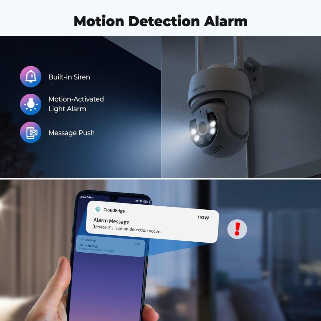 Codnida 2K Security Camera Outdoor, 360° PTZ WiFi Camera, CCTV Camera with 24/7 Recording, Motion Tracking, PIR Human Detection, Sound and Light Alarm, Support 16-128G SD Card, Works with Alexa