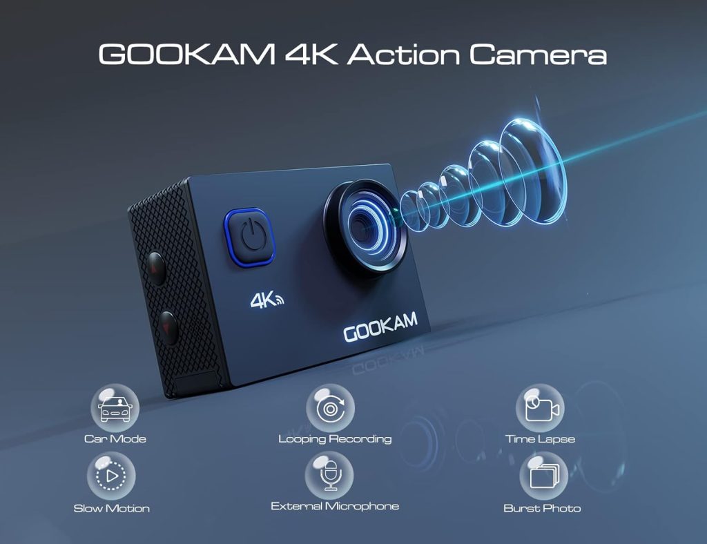 GOOKAM 4K 20MP Sport Action Camera WiFi Underwater 40M Waterproof Camera 170° Wide Angle 2 LCD Screen with External Microphone Remote Control 2x1050mAh Rechargeable Batteries and Accessories Kit