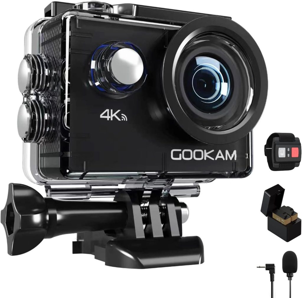 GOOKAM 4K 20MP Sport Action Camera WiFi Underwater 40M Waterproof Camera 170° Wide Angle 2 LCD Screen with External Microphone Remote Control 2x1050mAh Rechargeable Batteries and Accessories Kit