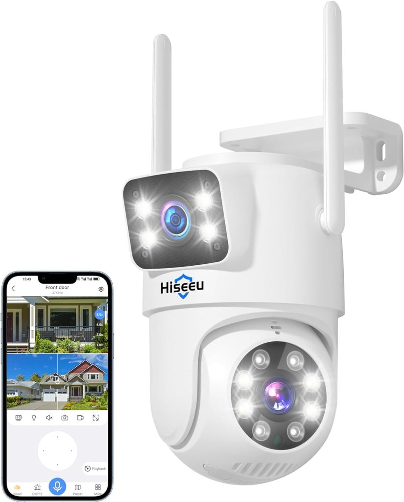 Hiseeu 【Dual Lens+8X Digital Zoom】 3MP Dual Lens PTZ WiFi Security Camera Outdoor, 2.4G/5G WiFi CCTV Home Surveillance Camera Outdoor, Color Night Vision, Auto Tracking Alarm Sound Light 2-Way Audio