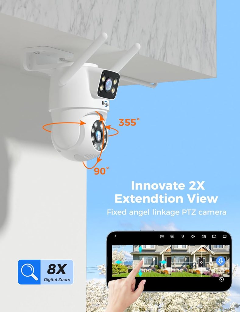 Hiseeu 【Dual Lens+8X Digital Zoom】 3MP Dual Lens PTZ WiFi Security Camera Outdoor, 2.4G/5G WiFi CCTV Home Surveillance Camera Outdoor, Color Night Vision, Auto Tracking Alarm Sound Light 2-Way Audio