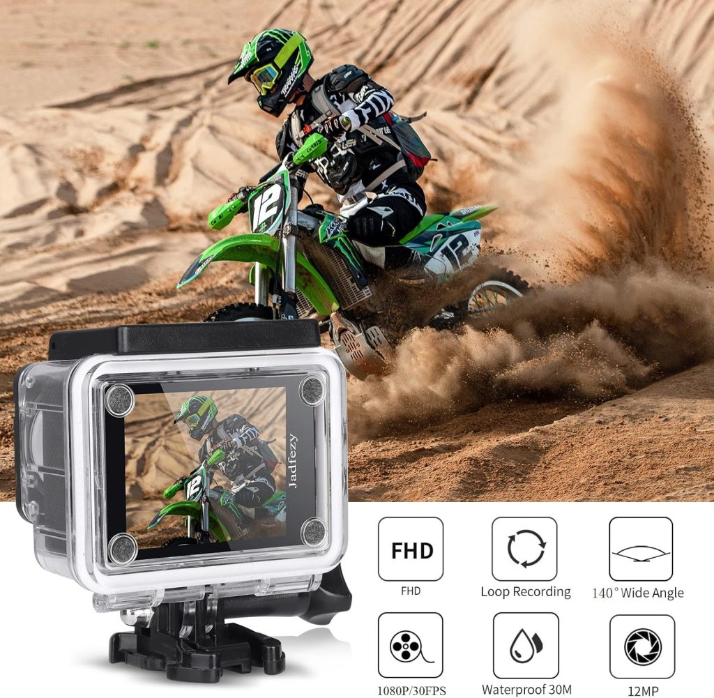 Jadfezy Action Camera FHD 1080P 12MP, 98FT/30M Underwater Waterproof Camera with 2 Batteries, Wide Angle Sports Camera with Accessories Kit Suitable for Helmet, Bicycle, etc.