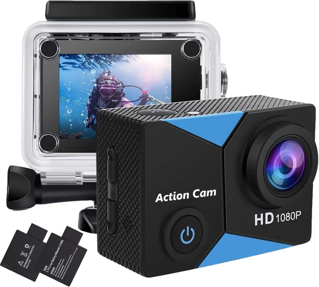 Jadfezy Action Camera FHD 1080P 12MP, 98FT/30M Underwater Waterproof Camera with 2 Batteries, Wide Angle Sports Camera with Accessories Kit Suitable for Helmet, Bicycle, etc.