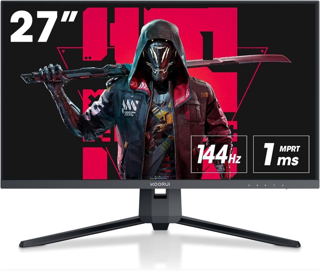 KOORUI 27 Inch Gaming Monitor 144 Hz, 2K QHD(2560x1440), MPRT 1ms, AdaptiveSync, DCI-P3 90%, SRGB100%, VESA Mountable 75x75mm, Eye Care, HDMI, DisplayPort, Black