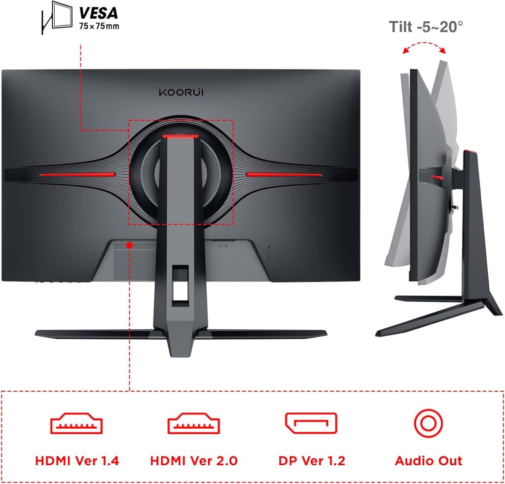 KOORUI 27 Inch Gaming Monitor 144 Hz, 2K QHD(2560x1440), MPRT 1ms, AdaptiveSync, DCI-P3 90%, SRGB100%, VESA Mountable 75x75mm, Eye Care, HDMI, DisplayPort, Black