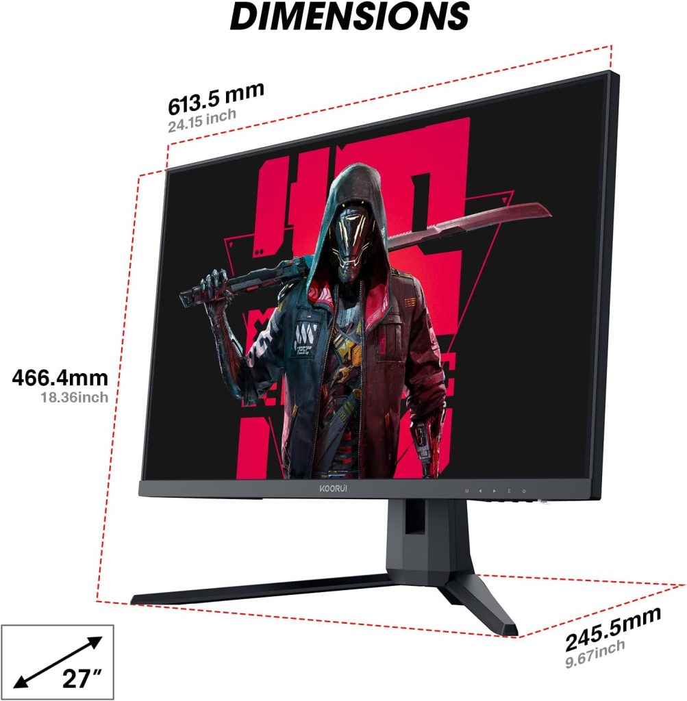 KOORUI 27 Inch Gaming Monitor 144 Hz, 2K QHD(2560x1440), MPRT 1ms, AdaptiveSync, DCI-P3 90%, SRGB100%, VESA Mountable 75x75mm, Eye Care, HDMI, DisplayPort, Black