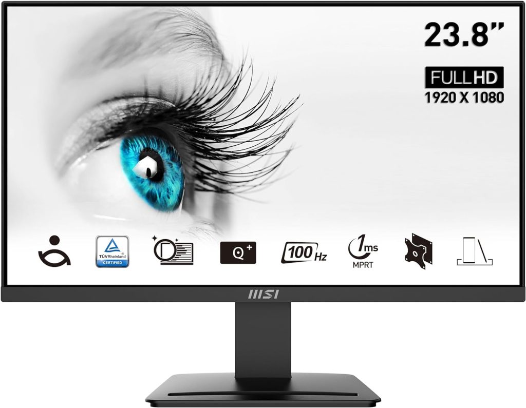 MSI PRO MP2412 23.8 Inch Monitor, Full HD (1920 x 1080), 100Hz, VA, 4ms, FreeSync, HDMI, VGA, Anti-Glare, Anti-Flicker, Less Blue light, TÜV Certified, VESA, Kensington, Black