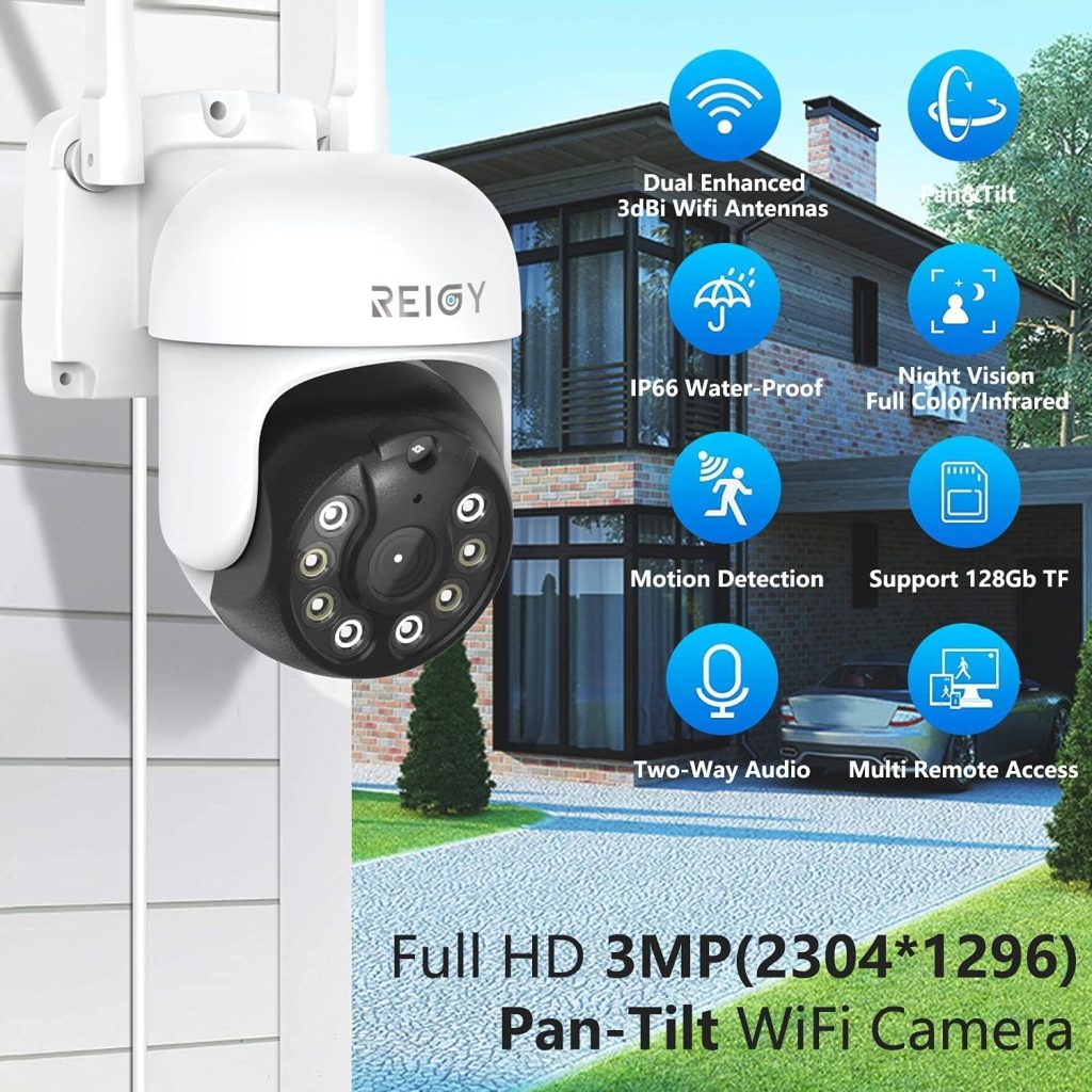 REIGY 3MP WIFI Security Camera Outdoor 360° with Color Night Vision, Wireless PTZ CCTV Camera Indoor, Home Surveillance IP Camera Auto Tracking, Motion Detection 2-Way Audio Remote Monitor Waterproof