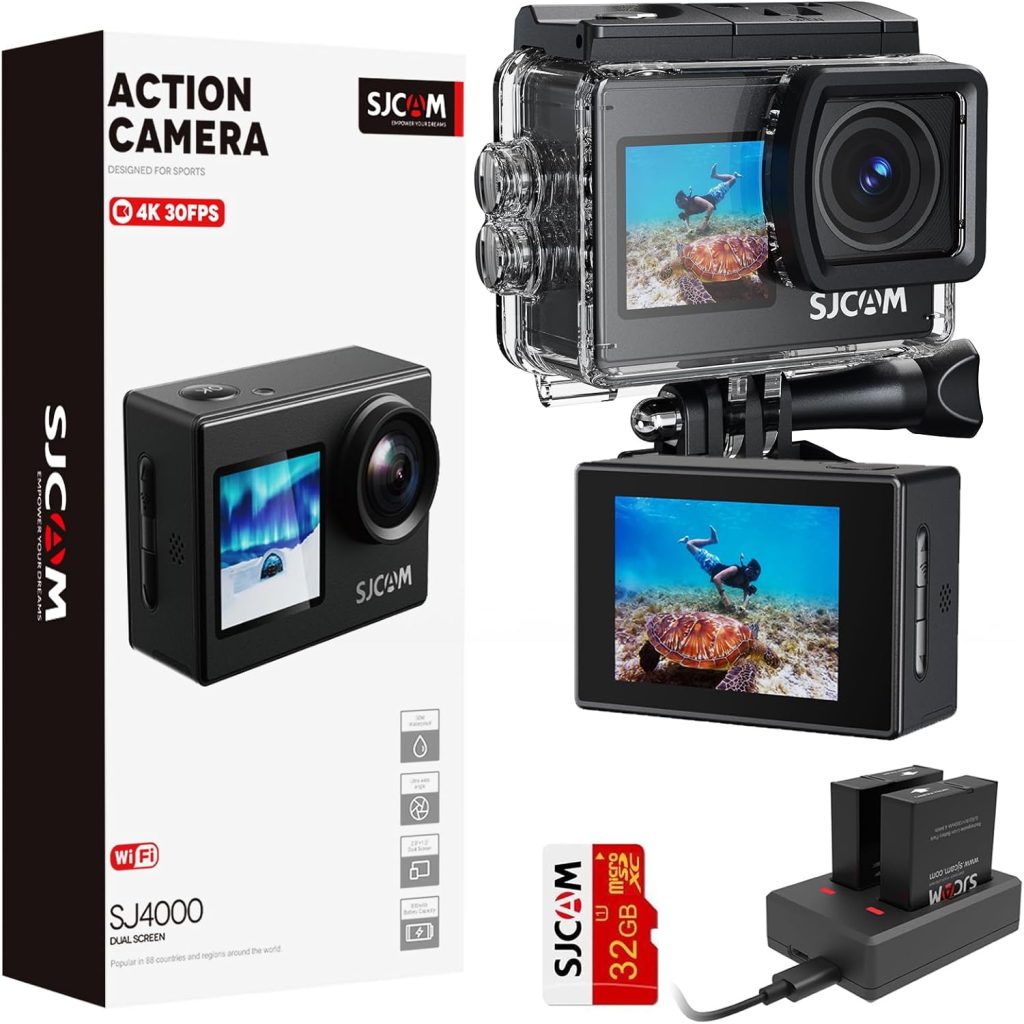 SJCAM Upgraded SJ4000 Action Camera 4K Ultra HD Dual Screen Underwater Camera 98FT Waterproof, 170° Wide Angle, Stabilization, 5X Zoom, WiFi Camera with Extra Battery, SD Card, Helmet Accessory Kit