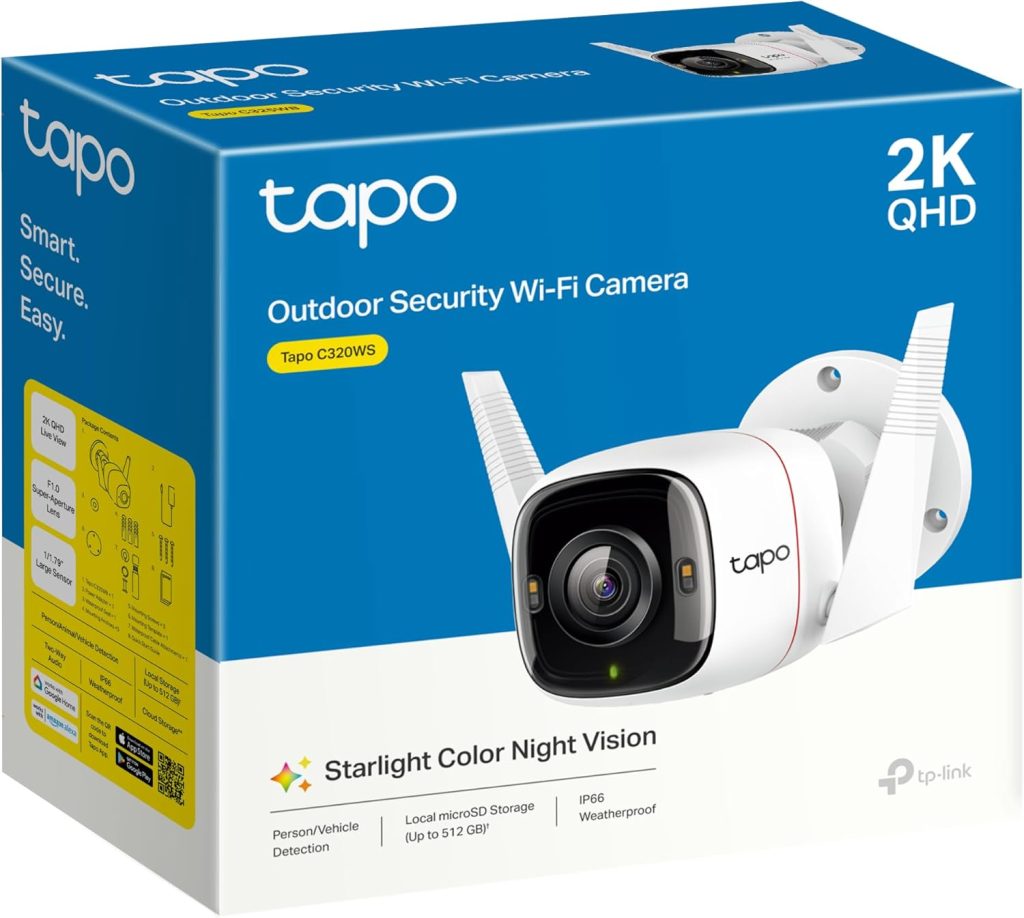 Tapo 2K QHD Wireless Outdoor Security Camera, IP66 Weatherproof, Motion Detection, Starlight, Built-in Siren, 4MP, Colour Night Vision, CloudSD Card Storage, (Tapo C320WS),Packaging may vary