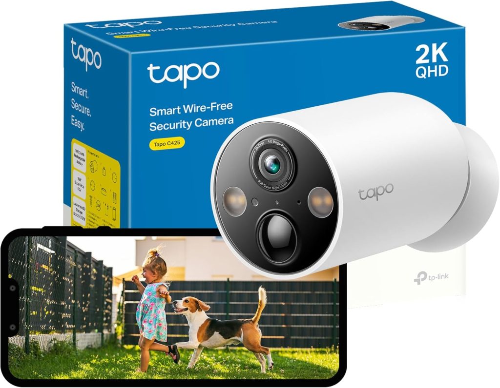 Tapo Outdoor Camera Security Wireless, Rechargeable Battery Camera System for Home Security, 2K 4MP QHD Color Night Vision, WiFi CCTV, IP66 Weatherproof, Work with Alexa  Google Home (Tapo C425)