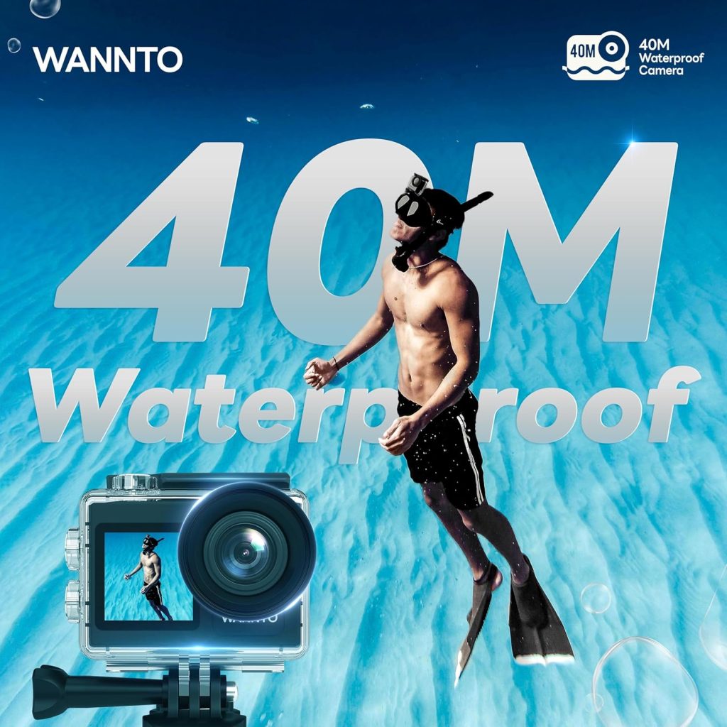 WANNTO Action Camera 5K 24MP Motion 5 Pro, WiFi EIS 170° Wide Angle Dual Screen 40M Waterproof Underwater Camera for Snorkeling, with External Microphone, Charger (With 64GB microSD Card)