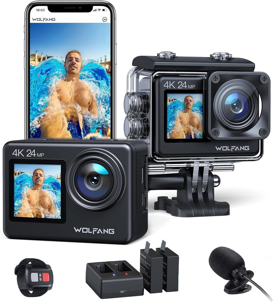 WOLFANG Action Camera 4K 24MP WiFi GA200, 40M Waterproof Underwater Camera for Snorkeling, EIS 170° Wide Angle Dual Screen Vlogging Camera with External Microphone, Charger, Remote Control