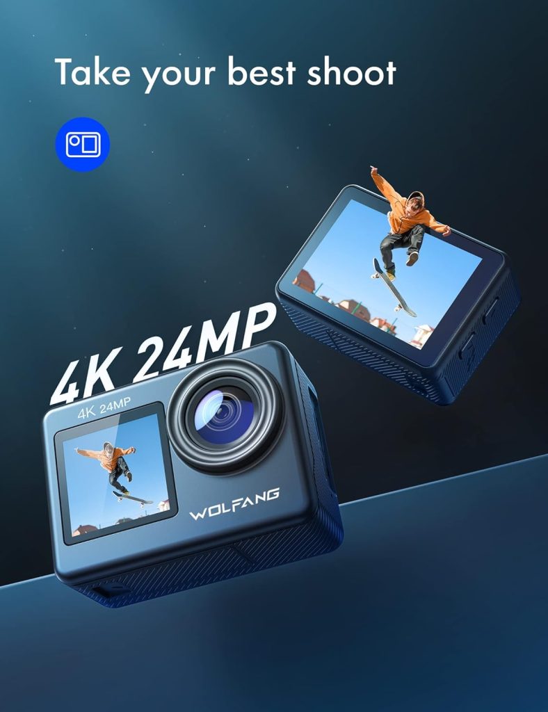 WOLFANG Action Camera 4K 24MP WiFi GA200, 40M Waterproof Underwater Camera for Snorkeling, EIS 170° Wide Angle Dual Screen Vlogging Camera with External Microphone, Charger, Remote Control