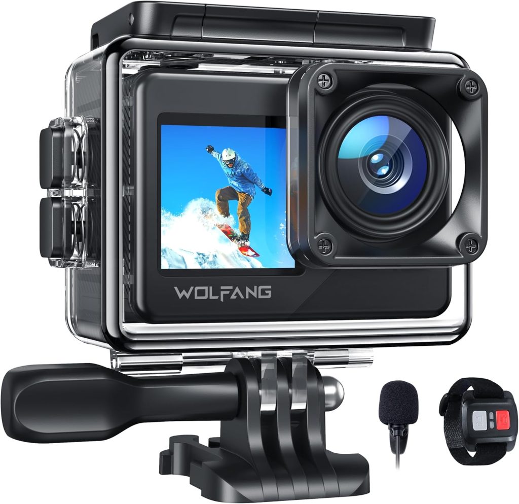 WOLFANG GA120 4K 20MP Action Camera, 40M Waterproof Underwater Camera for Snorkeling, 170° Wide Angle WiFi Dual Screen Vlogging Camera with EIS, External Microphone, Remote Control