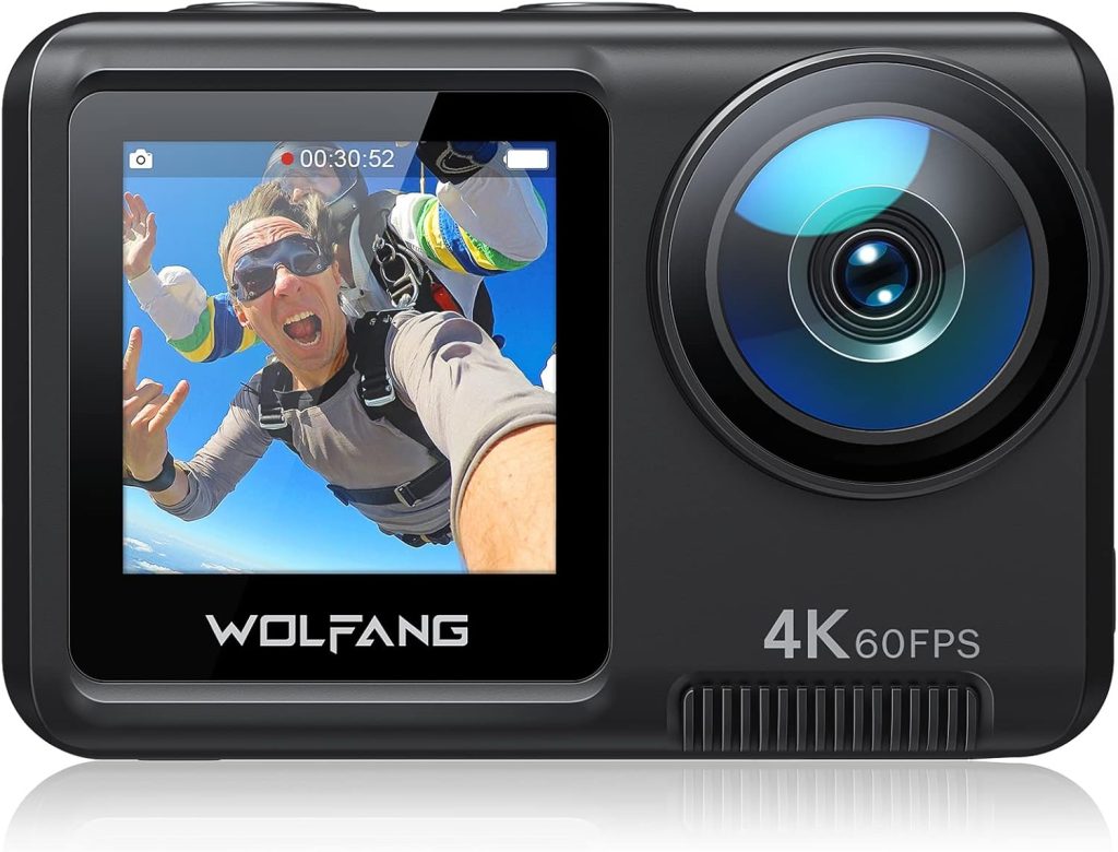 WOLFANG GA420 Dual Screen Action Camera 4K 60FPS 24MP Touchscreen Underwater Camera, 10M Body Waterproof/40M Waterproof Helmet Bike Camera with EIS, Remote Control, 2x1350mAh Batteries, Accessory Kit