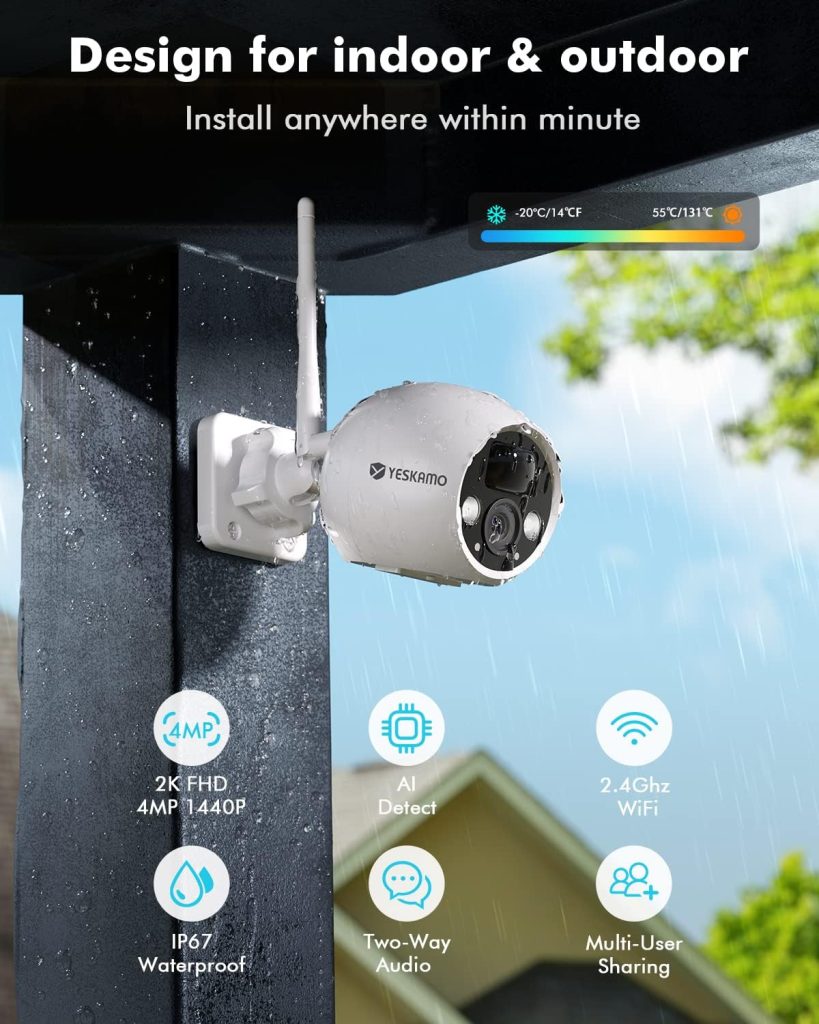 YESKAMO Solar Wireless Security Camera System, Solar  Battery Operated Home Security Camera Wireless, 2K Resolution, Motion Detection, Color Night Vision, IP67 Waterproof, No Monthly Fee, 2 Cams Kit