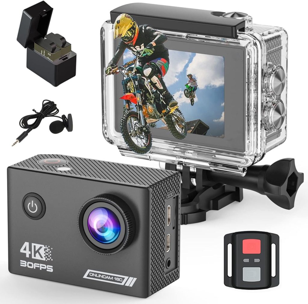 Yolansin 4K30FPS Action Camera, Pre-recording 20MP Underwater Camera, 131FT Waterproof Cameras,2.4G Remote Control 170°Sports Camera, 2 Batteries Helmet Accessories Kit