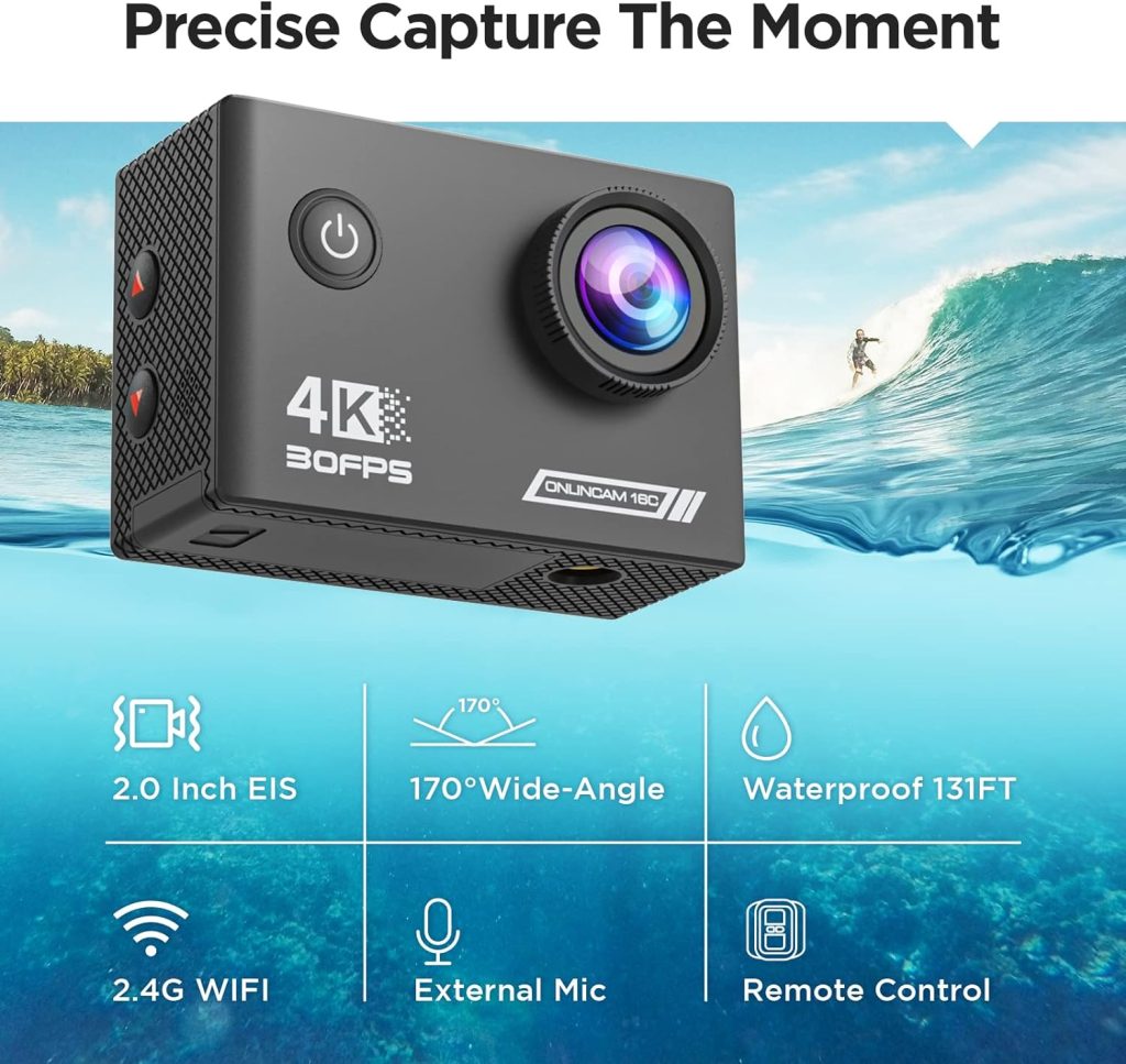 Yolansin 4K30FPS Action Camera, Pre-recording 20MP Underwater Camera, 131FT Waterproof Cameras,2.4G Remote Control 170°Sports Camera, 2 Batteries Helmet Accessories Kit