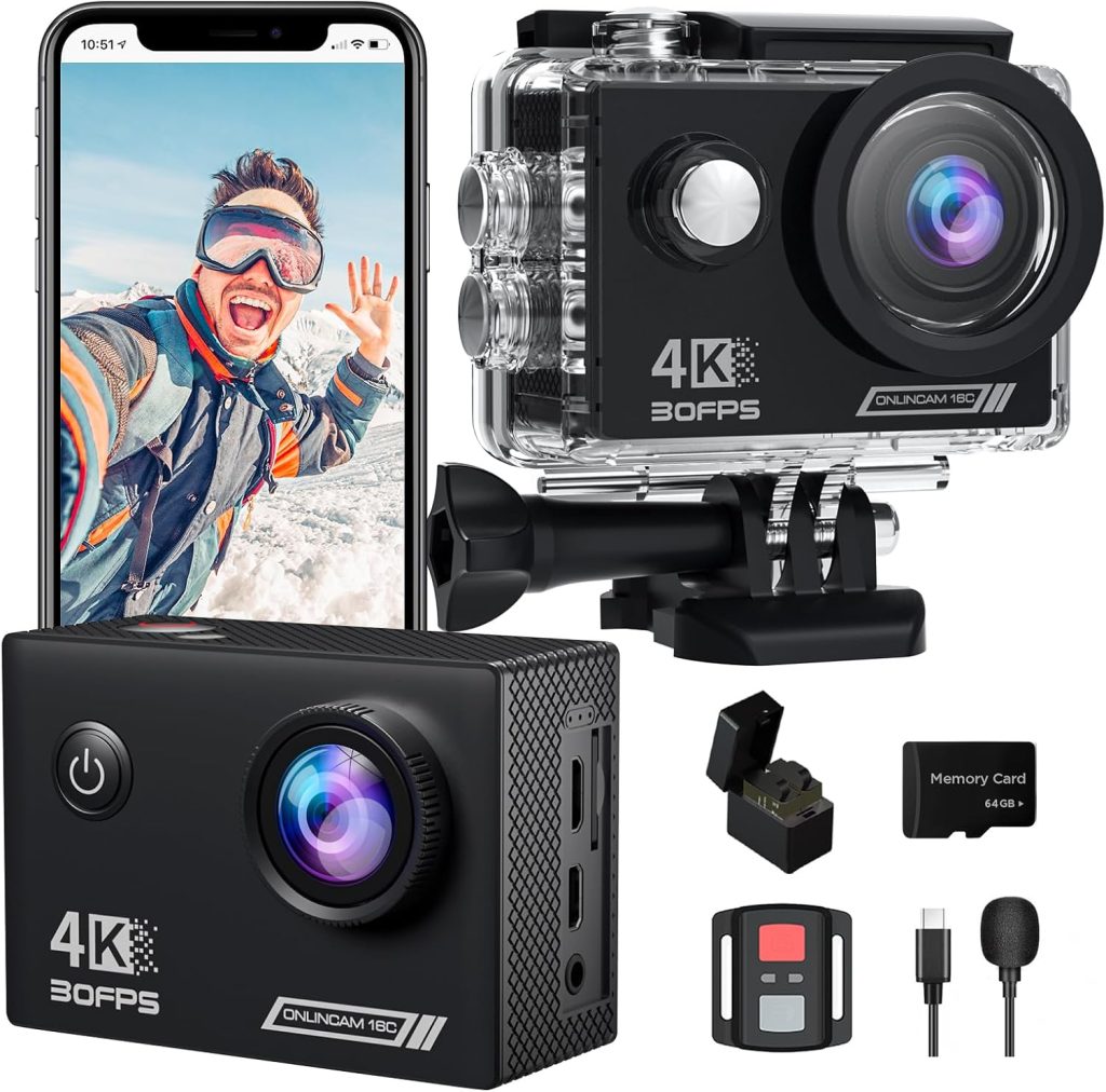 Yolansin 4K30FPS Action Camera with 64GB SD Card, Pre-recording 20MP Underwater Camera, 131FT Waterproof Cameras,2.4G Remote Control 170°Sports Camera, 2 Batteries Helmet Accessories Kit