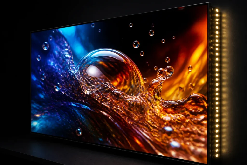 A cinematic close-up of a modern premium television displaying a vivid, high-contrast abstract scene, with deep blacks, brilliant highlights, rich nat...