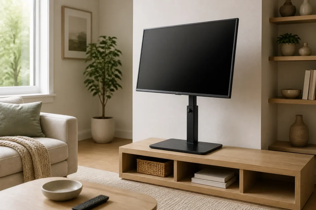 A modern flat-screen TV on a freestanding adjustable tabletop stand, shown in a bright living room with the screen slightly elevated, gently swiveled...