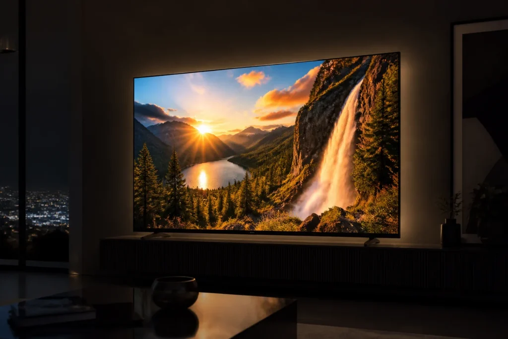 A premium 58-inch 4K television in a dark cinematic living room, displaying a vivid Dolby Vision nature scene with brilliant highlights, rich colors,...