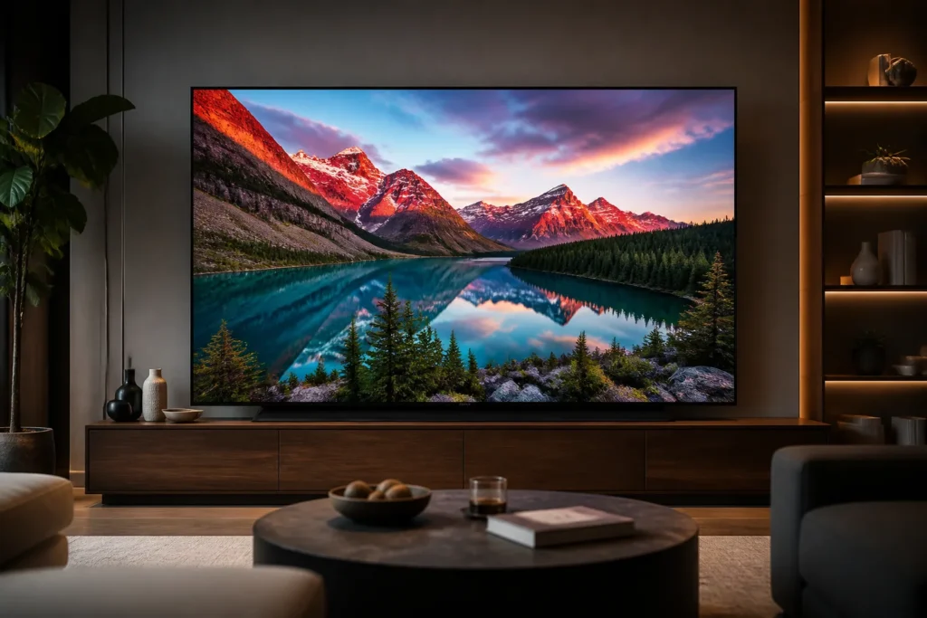A premium 65-inch QNED television displaying a vivid, natural-color cinematic landscape with rich reds, greens, and blues, subtle realistic gradients,...