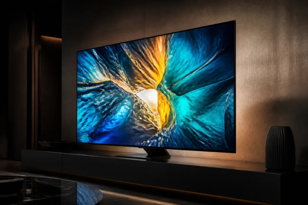 A premium 65-inch Samsung Neo QLED 4K television as the sole focal object, shown at a sleek three-quarter angle in a dark modern living room. Vibrant...