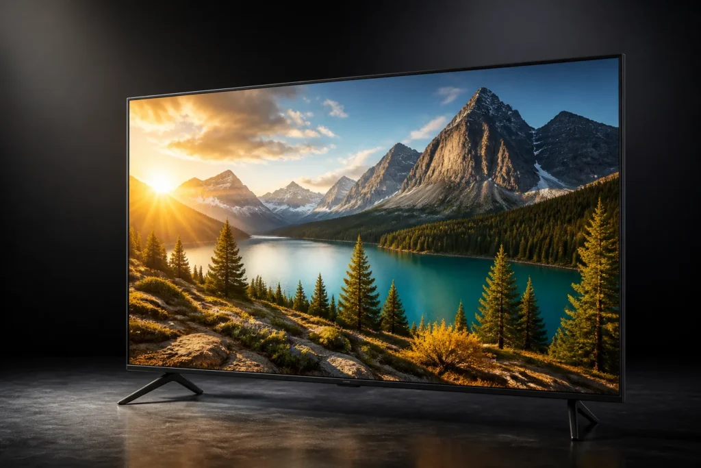 A premium 65-inch TCL 4K television as the single subject, displaying a cinematic HDR landscape with vivid sunlit highlights, deep shadow detail, rich...
