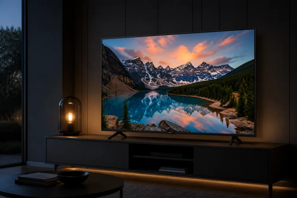 A premium LG 65QNED80A6A-style 65-inch QNED 4K smart TV standing on a sleek modern console in a dark cinematic living room, displaying vivid colorful...